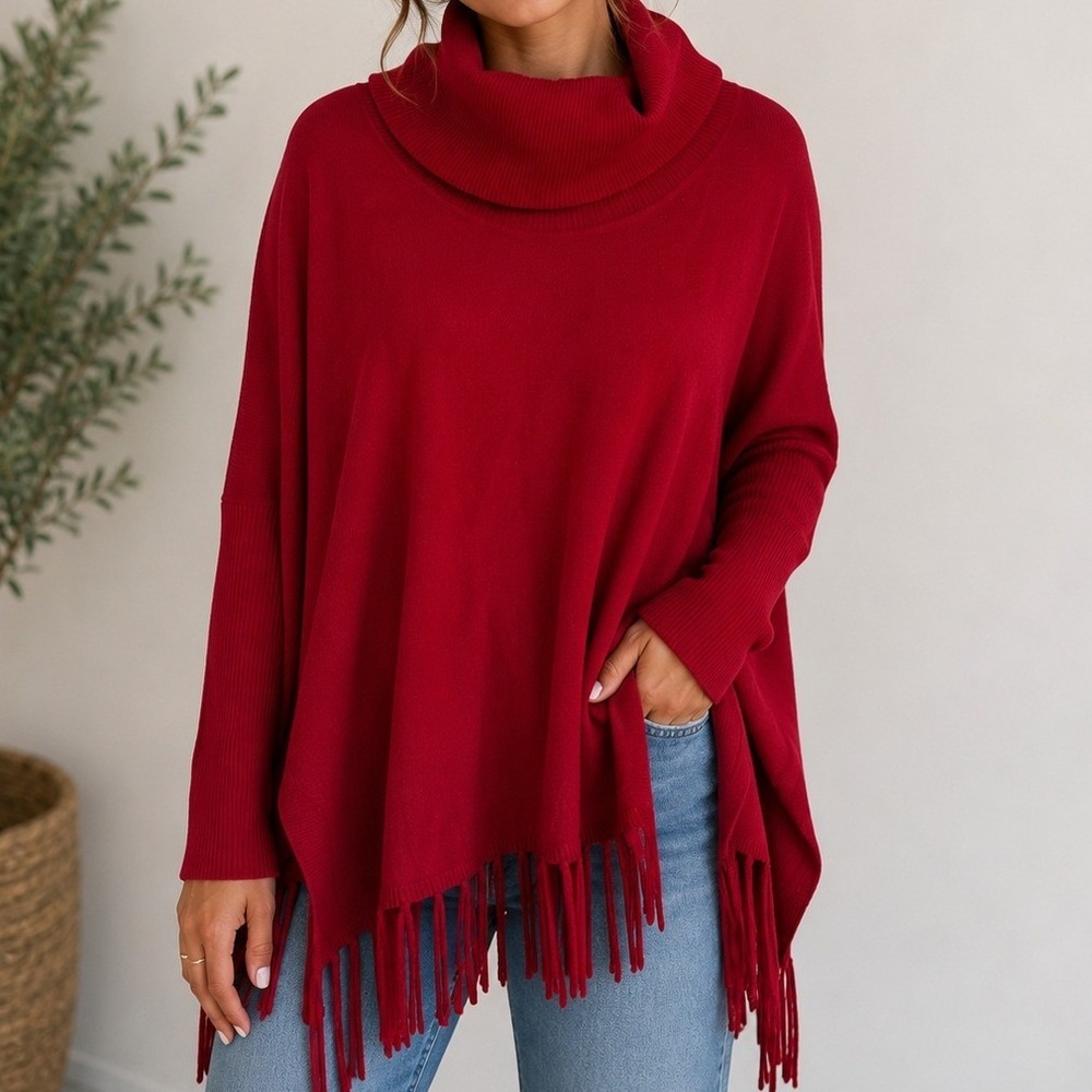 Boston Proper Red Cowl Neck Fringe Sweater Poncho